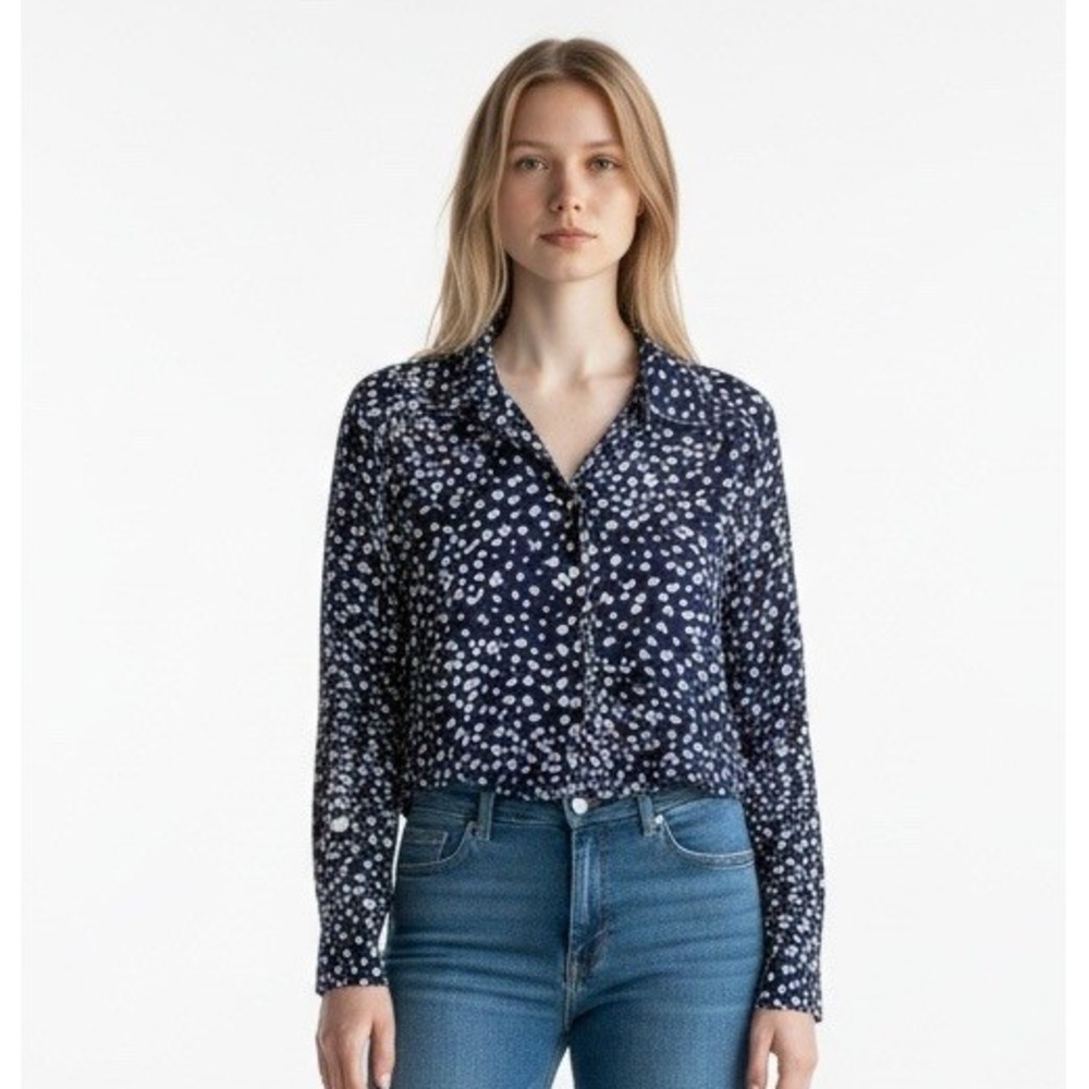 Free People Women's S Wishing Well Cropped Button Up LS Blouse Blue Print